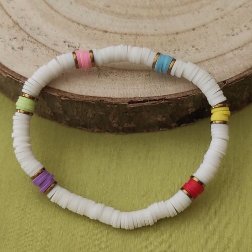 Bracelet élastique perles polymères blanc et multicolore 6mm
