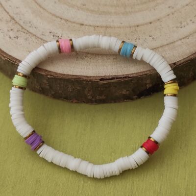 Elastic bracelet with white and multicolored polymer beads 6mm
