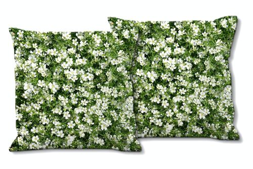 Deko-Foto-Kissen Set (2 Stk.), Motiv: Weiße Blüten-Wiese - Größe: 40 x 40 cm - Premium Kissenhülle, Zierkissen, Dekokissen, Fotokissen, Kissenbezug