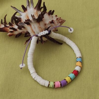 Bracelet cordon réglable perles polymères blanc et couleurs 6mm