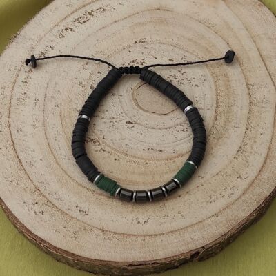 Adjustable cord bracelet with hematite and green and black polymer beads