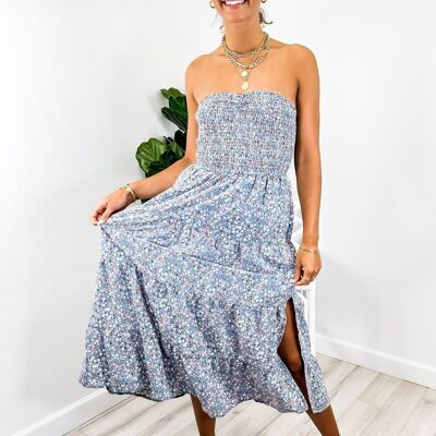 Strapless Floral Print Tiered Dress-Blue