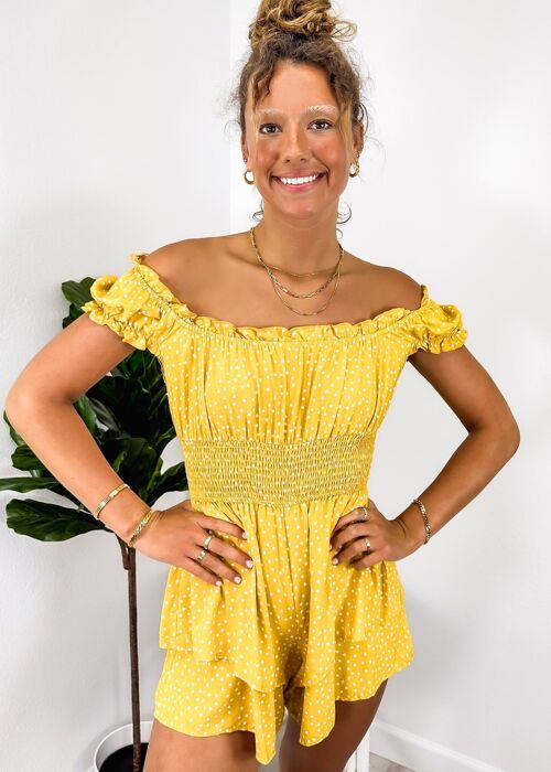 Puff Sleeve Tiered Romper-Yellow