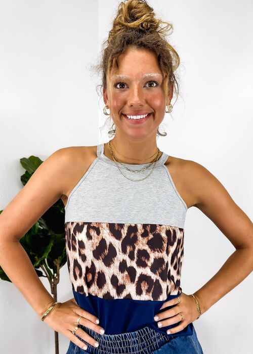 Color Block Halter Leopard Top-Navy