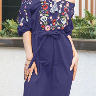 Schulterfreies Kleid mit Blumendetail – Marineblau