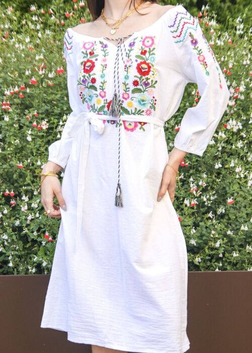 Off-Shoulder Floral Detail Dress-White