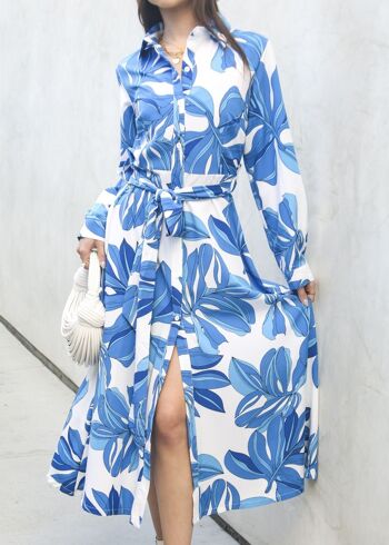 Robe chemise nouée à la taille à imprimé floral-Bleu 1
