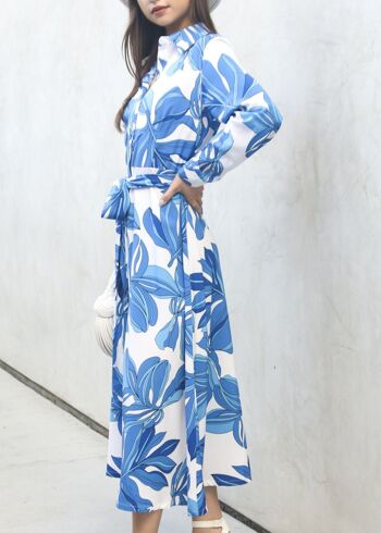 Robe chemise nouée à la taille à imprimé floral-Bleu 5
