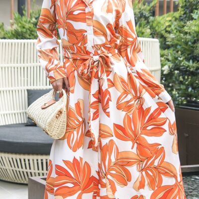Vestido camisero con lazo en la cintura y estampado floral-Naranja