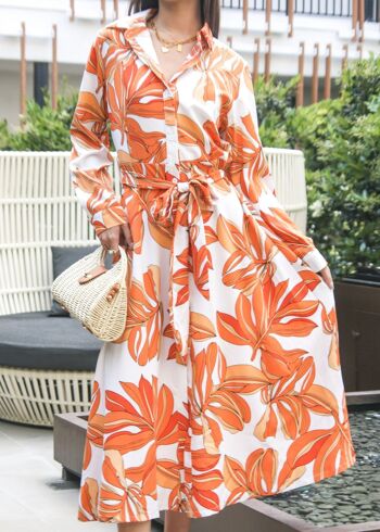 Robe chemise nouée à la taille à imprimé floral-Orange 1