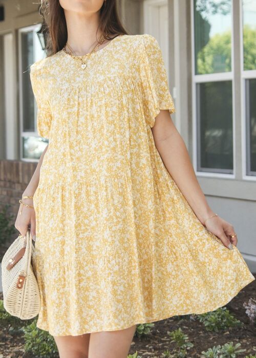 Round Neck Floral Shift Dress-Yellow