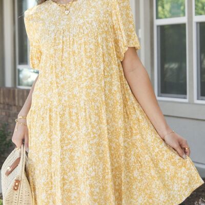 Round Neck Floral Shift Dress-Yellow