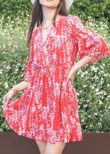 Robe à manches trompette à imprimé floral-Rouge 1