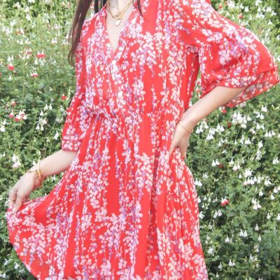 Kleid mit Blumendruck und Trompetenärmeln – Rot