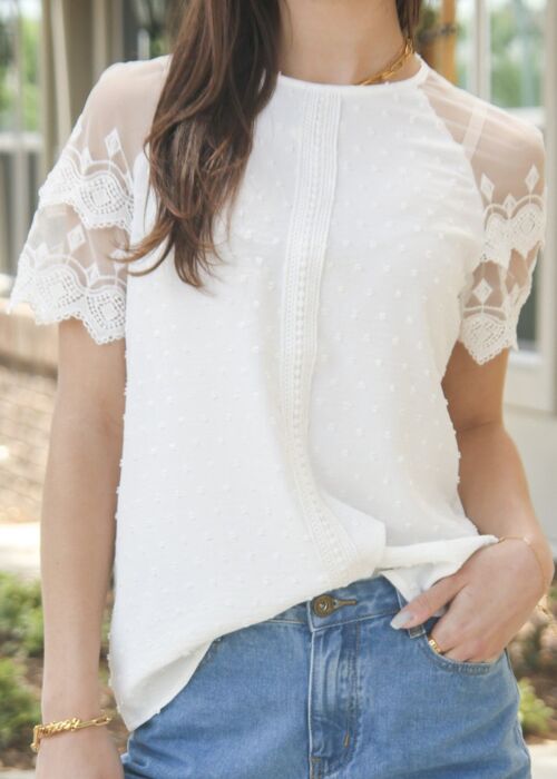 Mesh Lace Sleeve Blouse-White