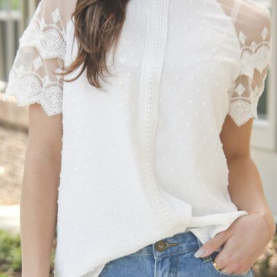 Blusa con manga de encaje de malla-Blanco