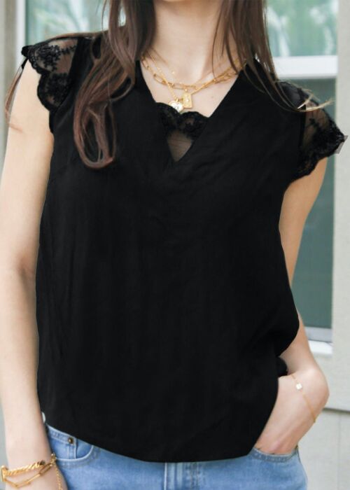 Tie Back Lace Trim Blouse-Black