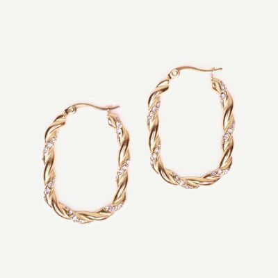 Rayol twisted golden hoop earrings decorated with rhinestones | Handmade jewelry in France