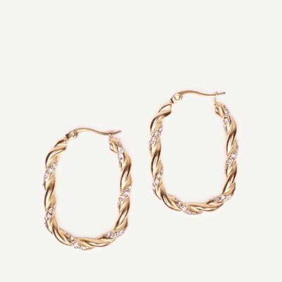 Rayol twisted golden hoop earrings decorated with rhinestones | Handmade jewelry in France