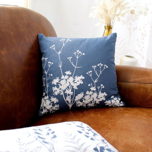 Coussin déhoussable HERBIER imprimé BLEU / ECRU 40 x 40 cm