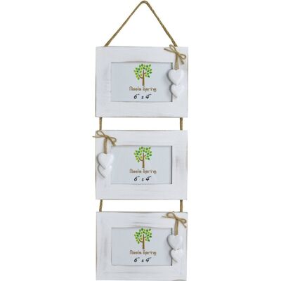 Nicola Spring Triple Wooden Hanging Picture Frame - 6x4 - White with White Hearts