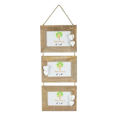 Nicola Spring Triple Wooden Hanging Picture Frame - 6x4 - Natural with White Hearts