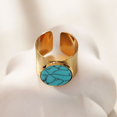 Large adjustable golden ring with turquoise plate