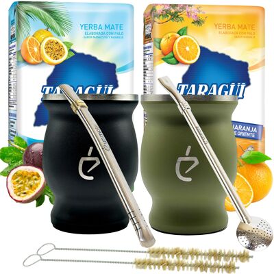 Yerba mate tea tropical set per due: zucca termica inossidabile, bombilla, pennello e yerba taragui