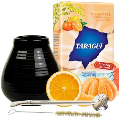 Kit completo de yerba mate sabor naranja: taza, pajita, té y brocha