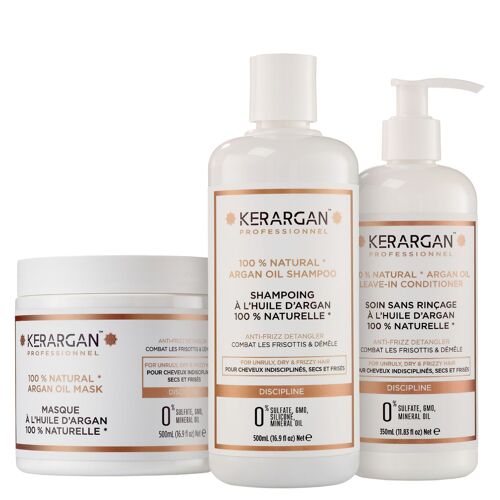Kerargan - Trio Disciplinant Shampoing, Masque & Leave-In à l'Huile d'Argan - 2x500ml+1x350ml