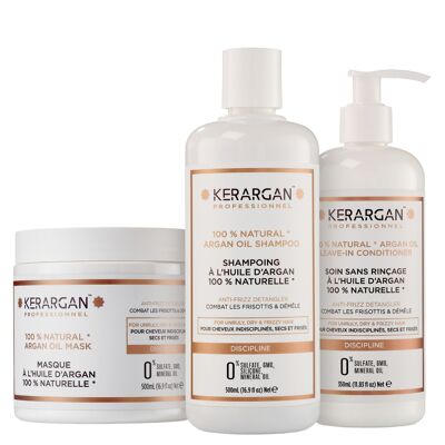 Kerargan – Disciplining Trio Shampoo, Maske & Leave-In mit Arganöl – 2 x 500 ml + 1 x 350 ml