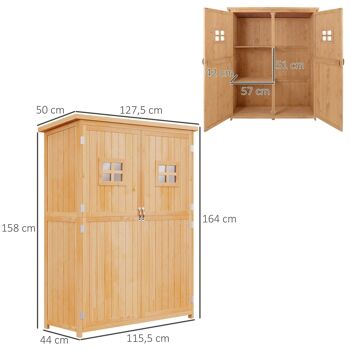 Abri de jardin armoire de jardin remise pour outils sur pied dim. 128L x 50l x 164H cm 2 étagères 2 portes 2 fenêtres toit bitumé étanche bois massif sapin pré-huilé 3