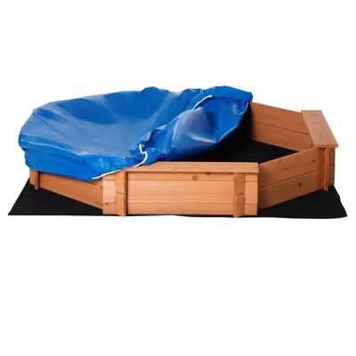 Arenero de madera octogonal Dim. 139.5L x 139.5W x 21.5H cm - 4 bancos - cubierta de lona, suelo no tejido incluido - madera