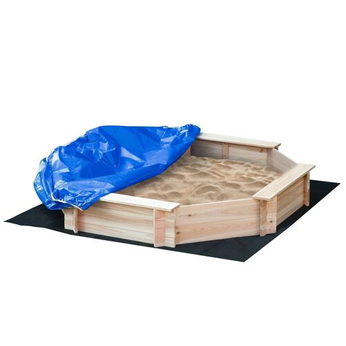 Bac à sable bois octogonal dim. 139,5L x 139,5l x 21,5H cm - 4 bancs - bâche de couverture, non tissé de sol inclus - bois sapin