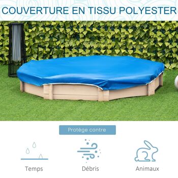 Bac à sable bois octogonal dim. 139,5L x 139,5l x 21,5H cm - 4 bancs - bâche de couverture, non tissé de sol inclus - bois sapin 5