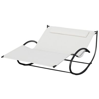 2-Sitzer-Schaukel-Liegestuhl, Sonnenliege, modernes Design, ergonomisches Rückenlehnenkissen, schwarzes Metall, cremefarbenes Textilene