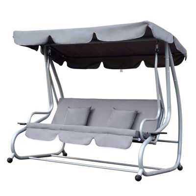3-seater convertible garden swing seat with adjustable tilt roof 2 support shelves 2L x 1.2W x 1.64H m black epoxy metal gray polyester