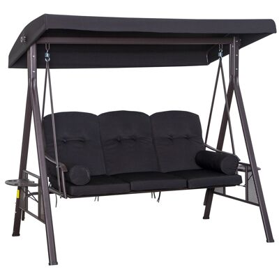 Bequemer 3-Sitzer-Gartenschaukelsitz, Dach mit verstellbarer Neigung, Kissen, ausziehbare Tabletts, schwarzes gesponnenes Polyester