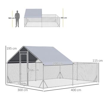 Enclos poulailler chenil 12 m² - parc grillagé dim 4L x 3l x 1,95H m - espace couvert - acier galvanisé 3