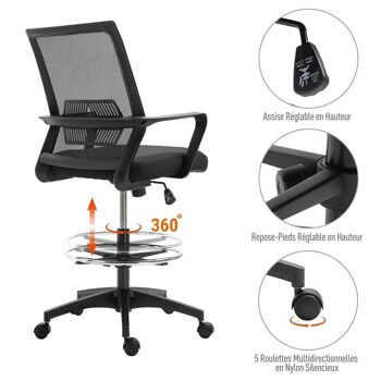 Fauteuil de bureau chaise de bureau assise haute réglable dim. 64L x 59l x 104-124H cm pivotant 360° maille respirante noir 5