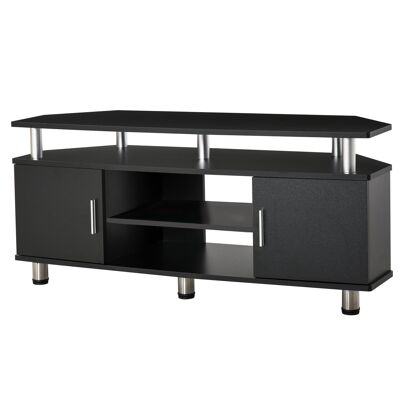 Contemporary design multi-storage TV bench unit: 2 doors central niche shelf large tray 120L x 40W x 52H cm black chrome
