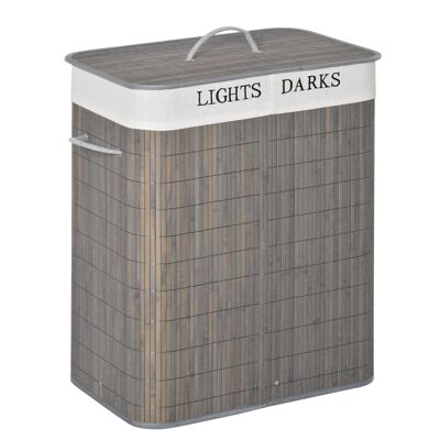 Laundry basket laundry basket 2 bins bamboo foldable lid handle removable bag in gray canvas