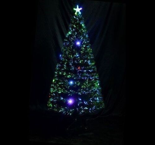 Sapin de Noël artificiel lumineux fibre optique LED multicolore + support pied Ø 60 x 120H cm 130 branches étoile sommet brillante