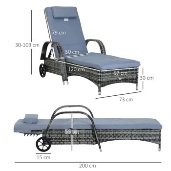 Transat bain de soleil grand confort : matelas, têtière, inclinaison réglable multipositions, accoudoirs, roulettes résine 3