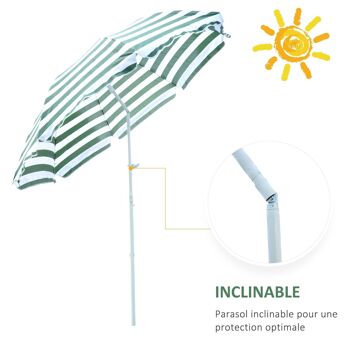 Parasol inclinable octogonal de plage Ø 180 cm tissu polyester haute densité anti-UV mât démontable vert blanc rayé 4