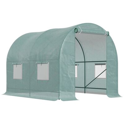 Serre de jardin tunnel 5 m² 2,45L x 2l x 1,98H m acier renforcé Ø 1,8 cm + PE haute densité 140 g/m² fenêtres porte déroulante vert