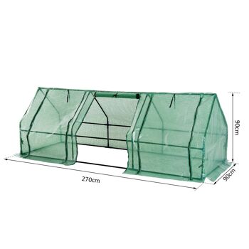 Mini serre de jardin 270L x 90l x 90H cm acier PE haute densité 140 g/m² anti-UV 3 fenêtres avec zip enroulables vert 3