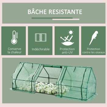 Mini serre de jardin 270L x 90l x 90H cm acier PE haute densité 140 g/m² anti-UV 3 fenêtres avec zip enroulables vert 4