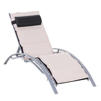 Zeitgenössische Designer-Liegestuhl-Sonnenliege mit mehreren Positionen, Matratze und Kopfstütze, Maße: 170 L x 64 B x 82 H cm, beiges Textilene-Aluminium