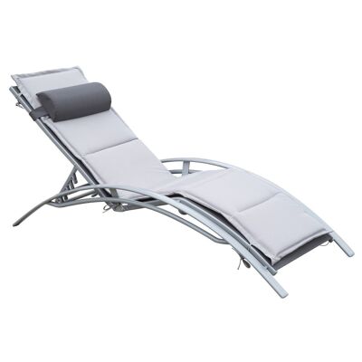 Moderne Designer-Liegestuhl-Sonnenliege mit mehreren Positionen, Matratze und Kopfstütze, Maße: 170 L x 64 B x 82 H cm, Textilene in Aluminiumgrau